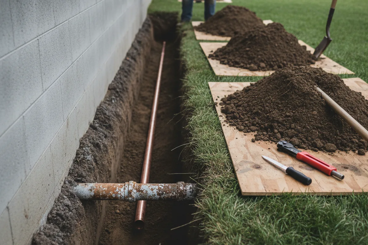 Excavated water line trench during Sewer Line Repair in Chaptico